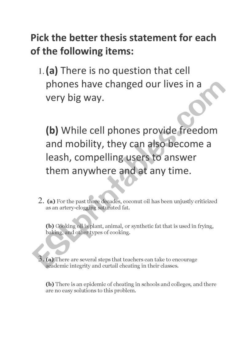 Thesis Statement Worksheet worksheet