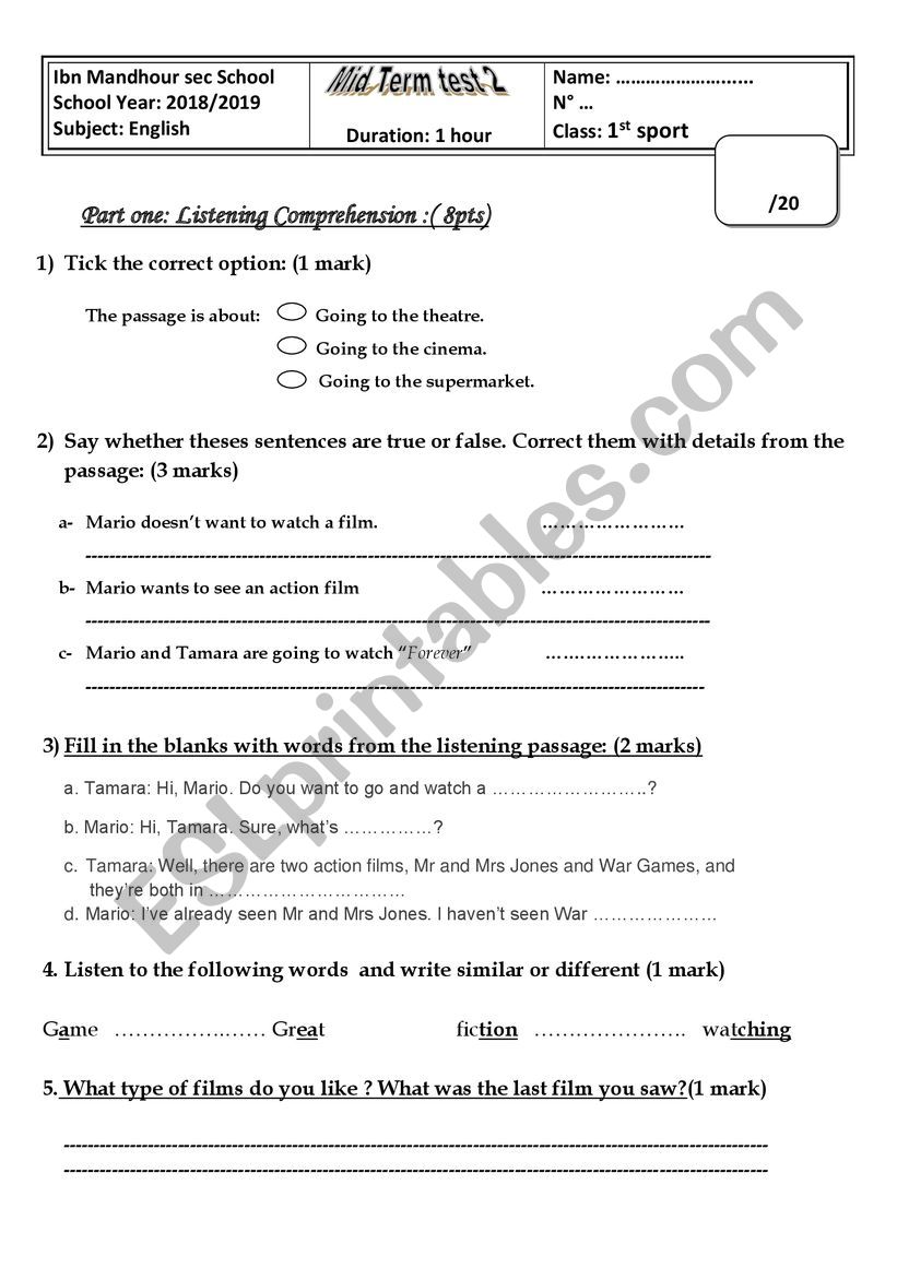 mid term test 2 1st  form sport 