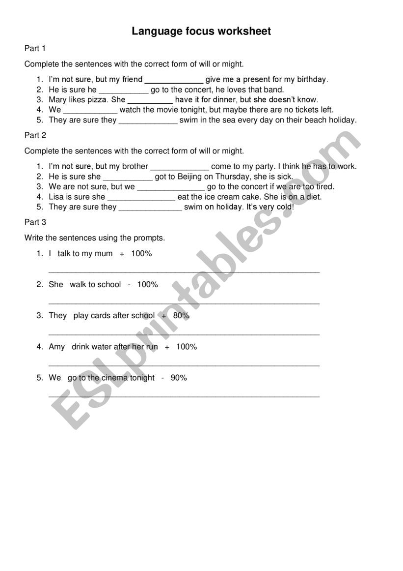 Will and might worksheet