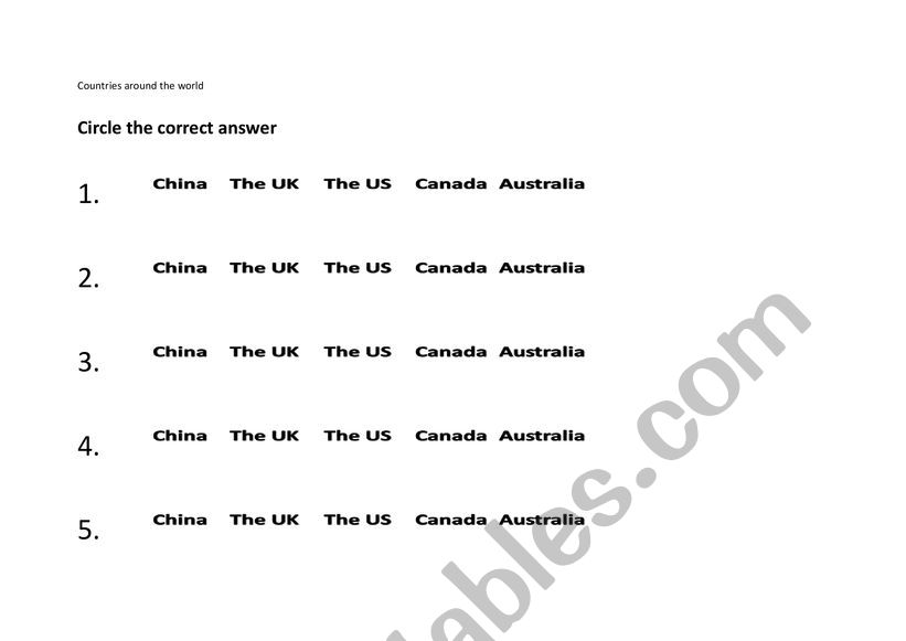 Countries Around the World - Circle and Answer 