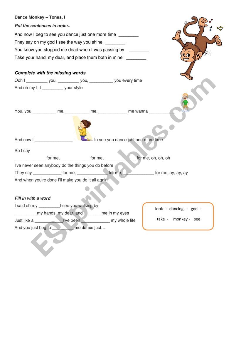 Dance Monkey by Tones I worksheet