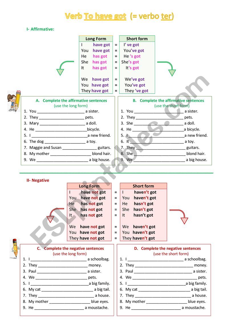 Verb to have got - all forms worksheet