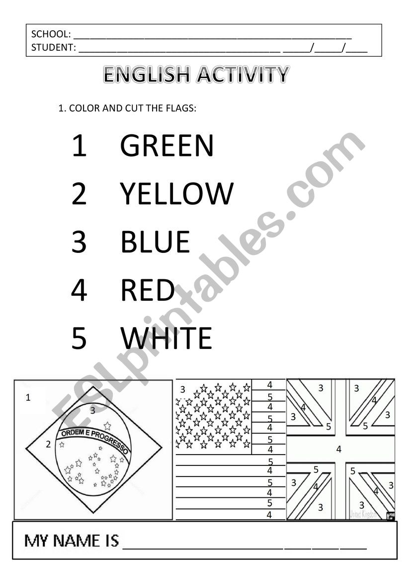 NUMBERS, COLORS AND FLAGS worksheet
