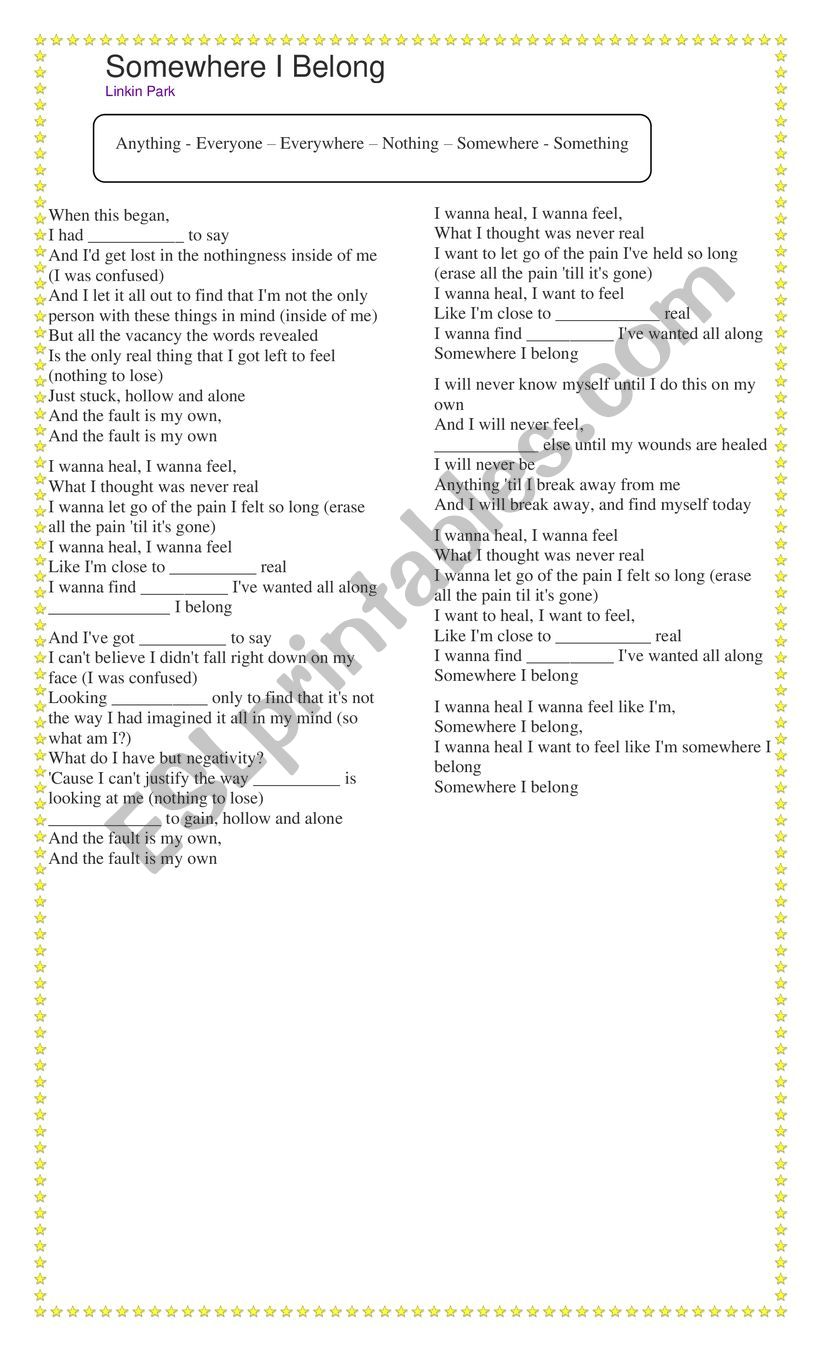 somewhere I belong worksheet