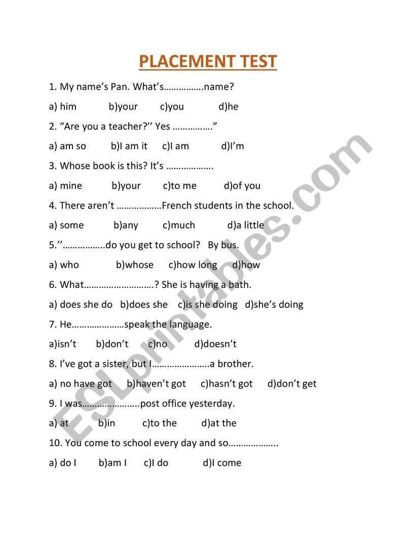 Placement test worksheet