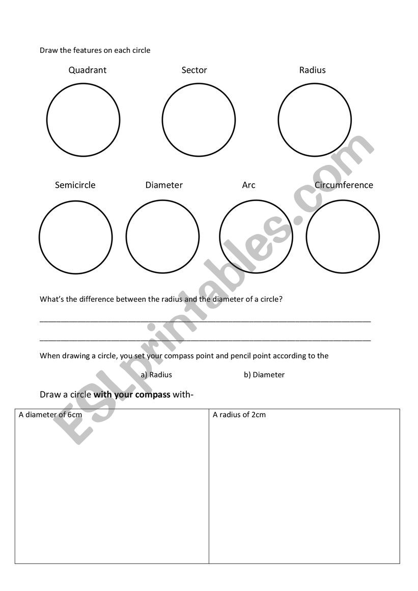 Circles Assessment worksheet