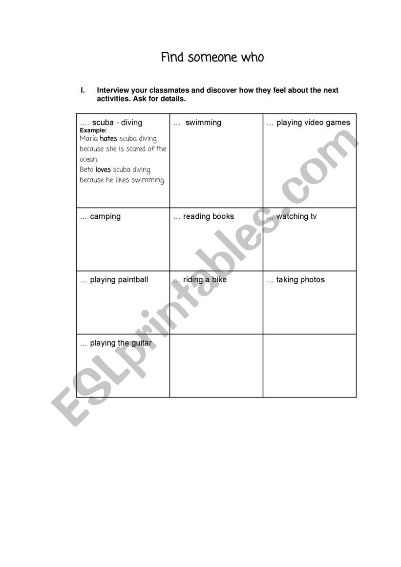Find someone who (activities) worksheet