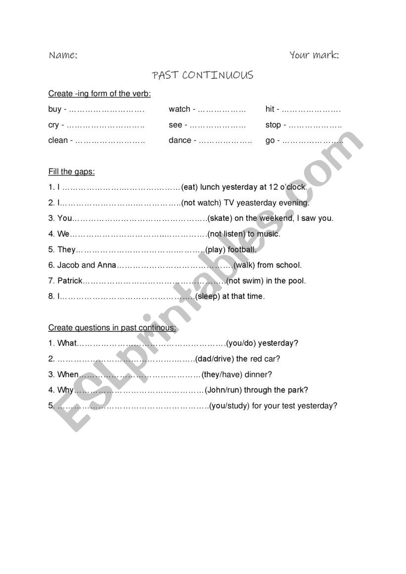 Past Continuous test worksheet