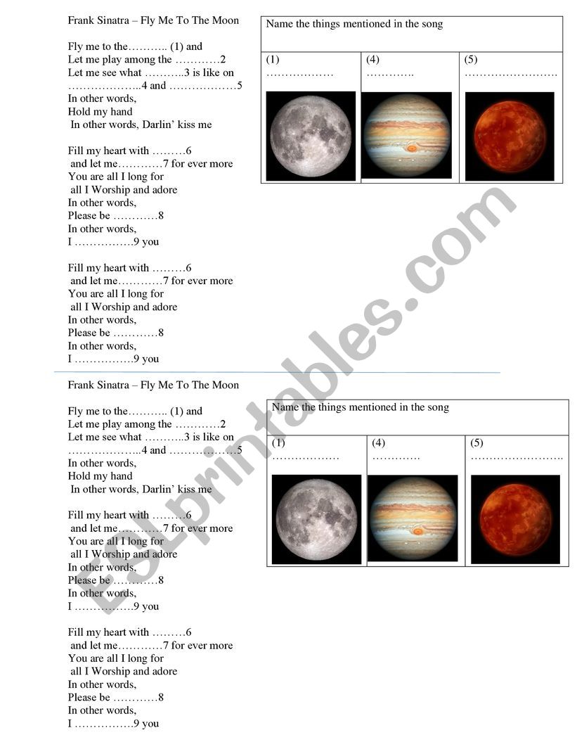 Fly me to the moon  worksheet