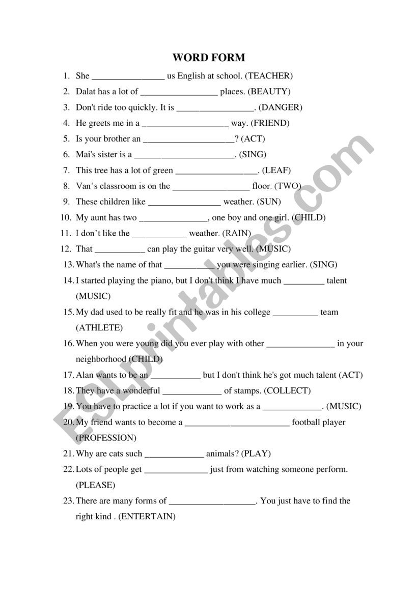 Word form exercise worksheet