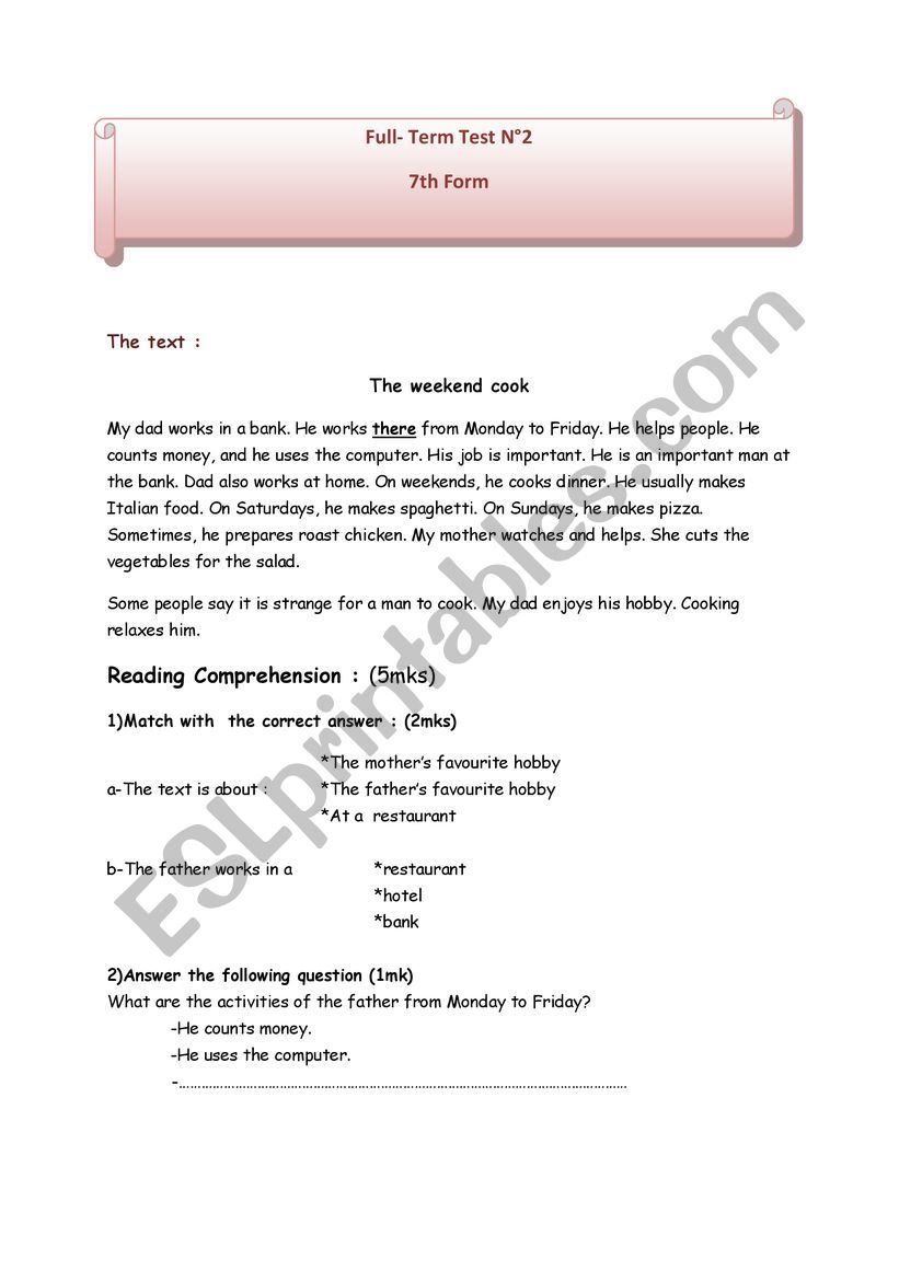 end of term test 7th form worksheet