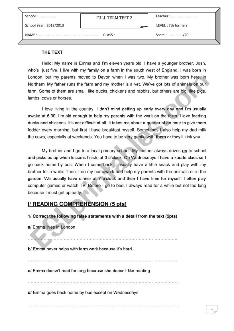 full term test 2 for 7th form worksheet