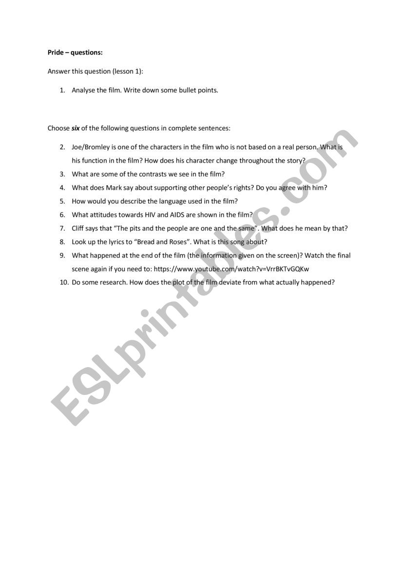 Film questoins: PRIDE worksheet