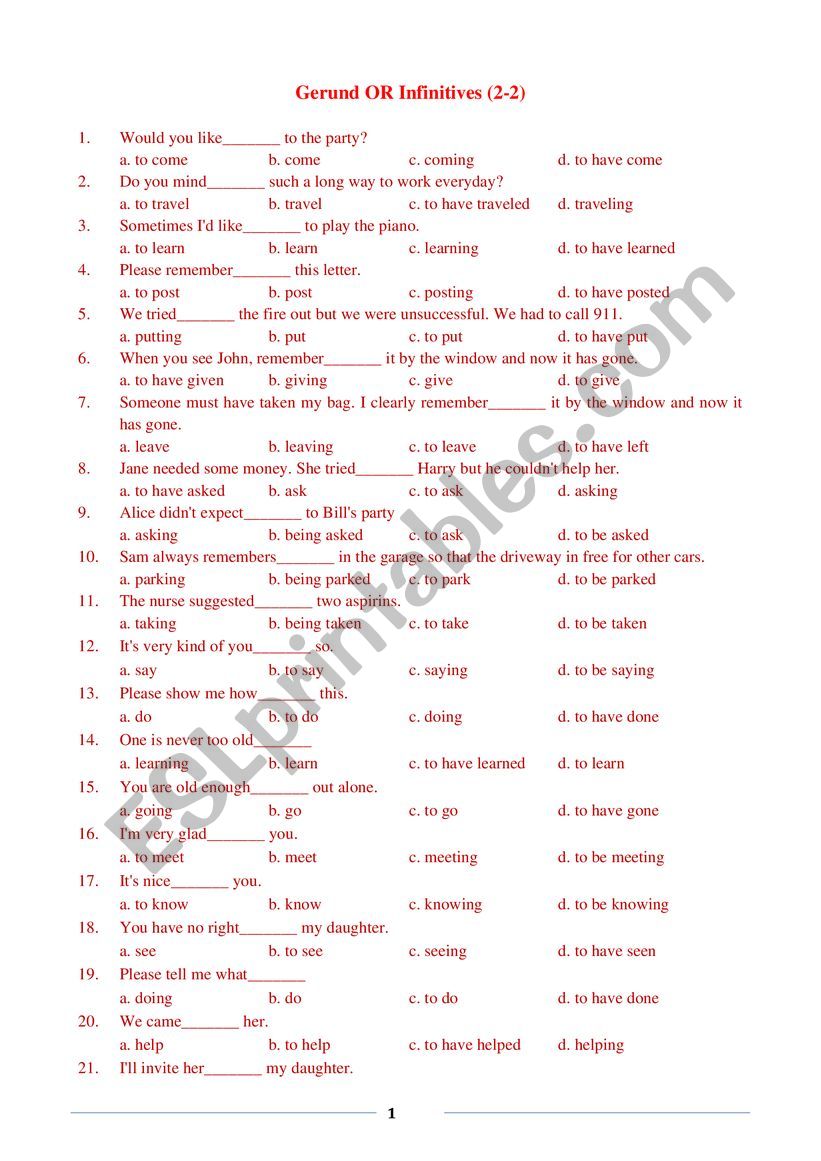 Gerund OR Infinitives (2-2) worksheet