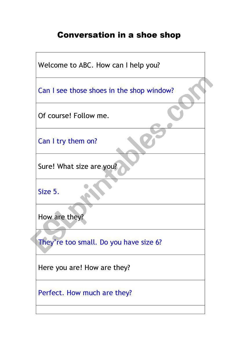 Conversation in a shoe shop worksheet