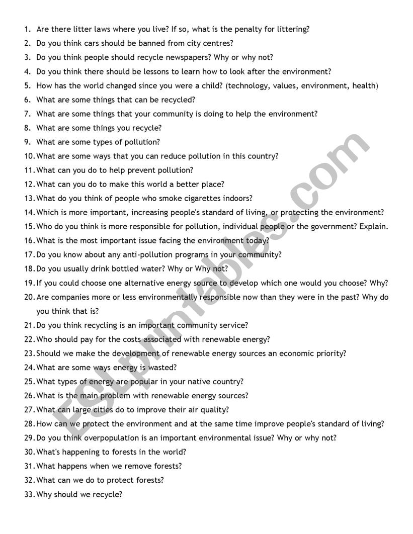 Environment Questions worksheet