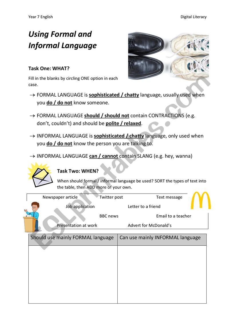 Formal and Informal Language worksheet