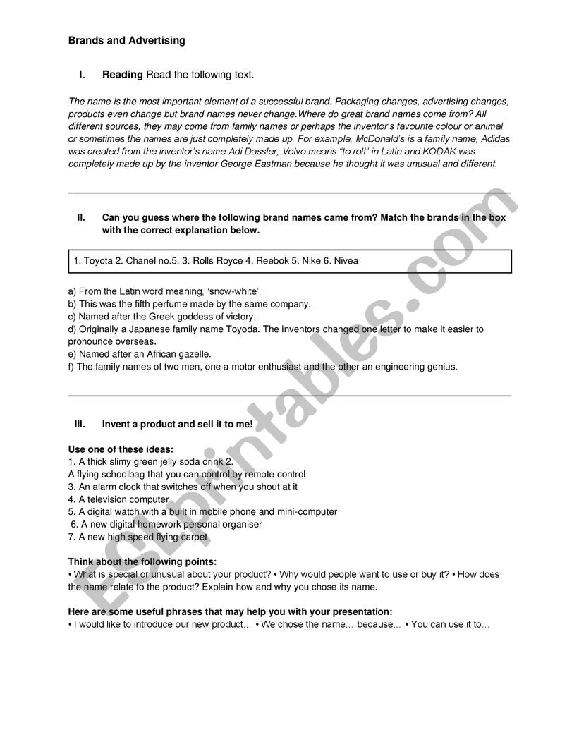 Brands and advertising worksheet