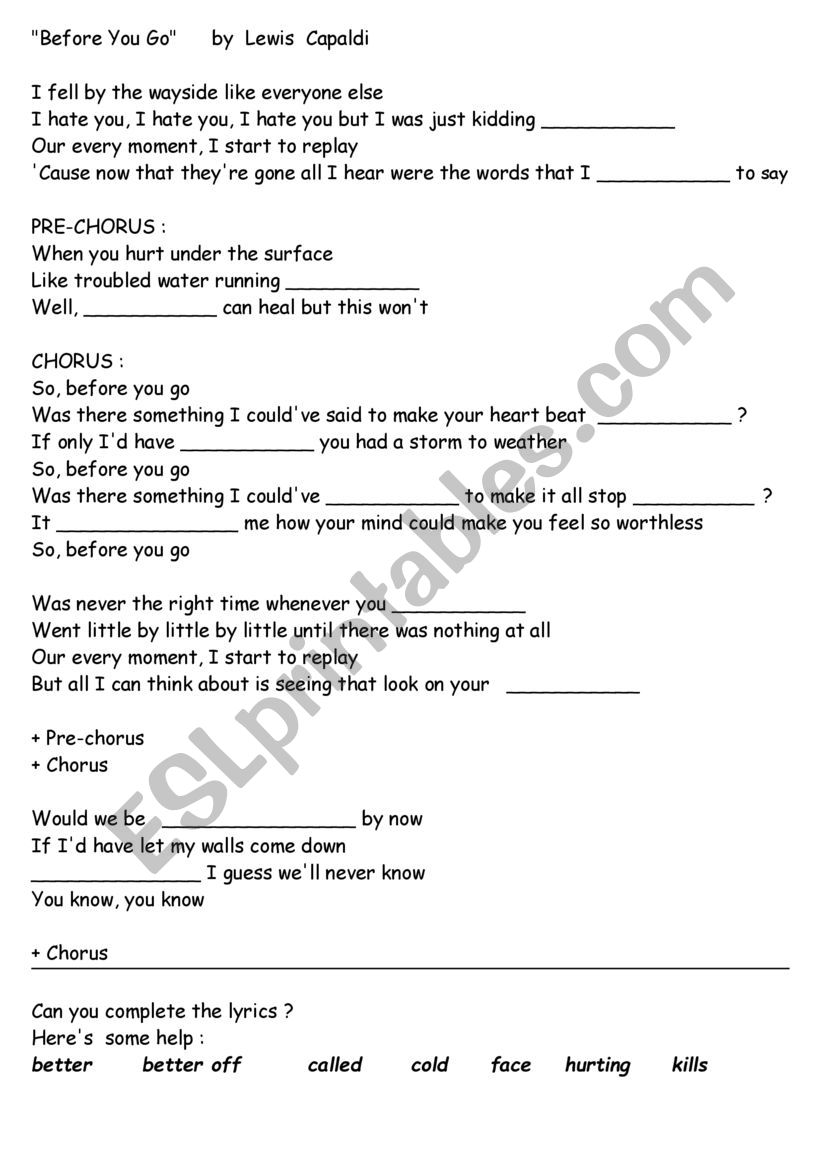 Before you go (Lewis Capaldi worksheet