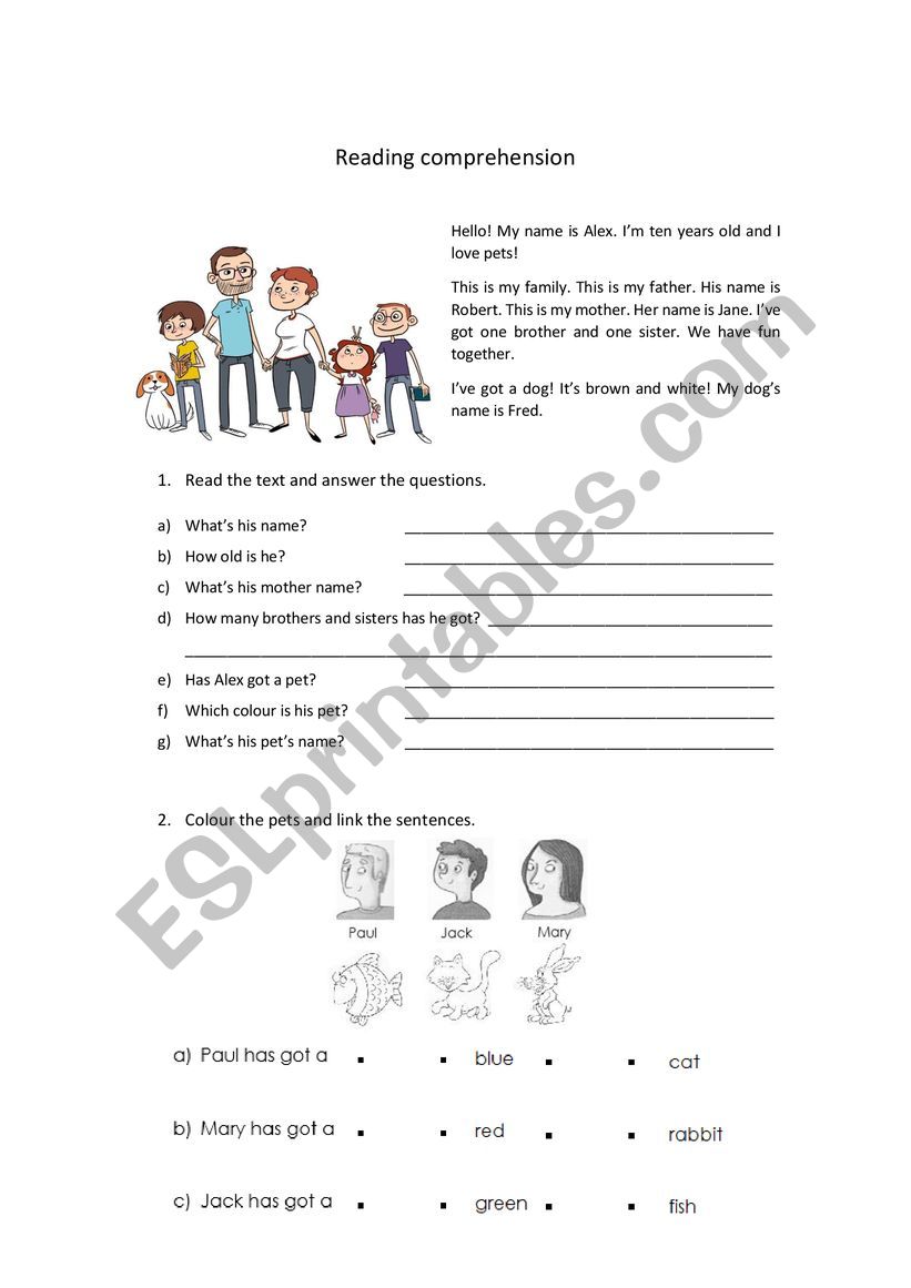 Pets: reading comprehension worksheet