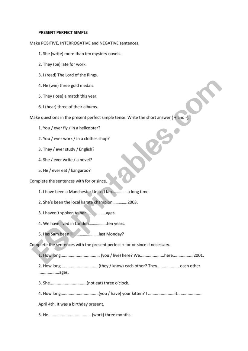 Present perfect exercises worksheet