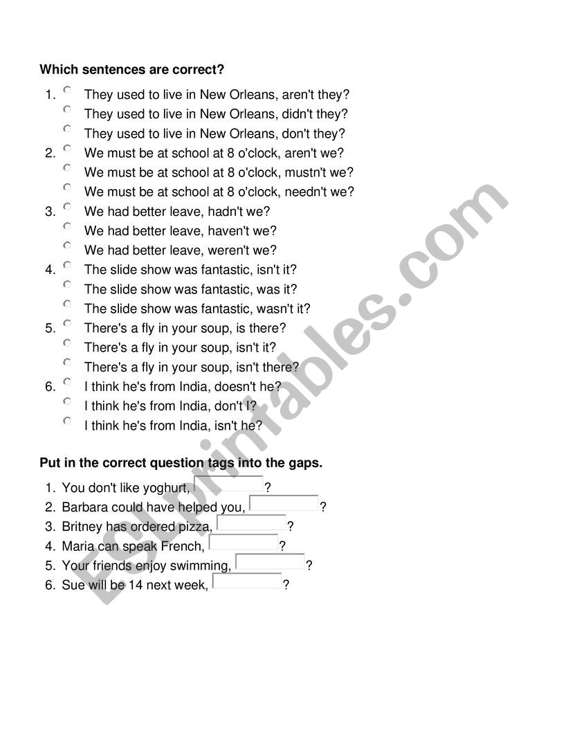 TAG QUESTIONS EXAM worksheet