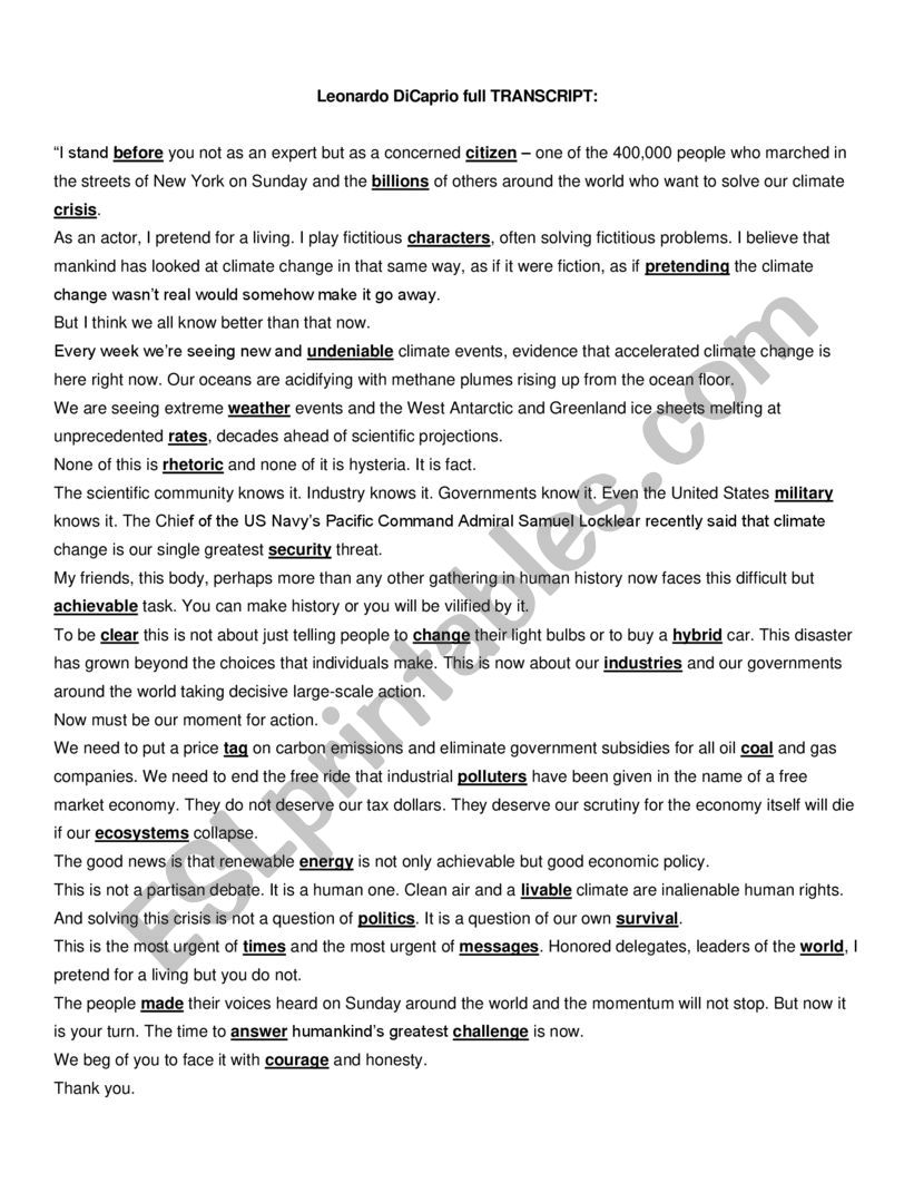 Climate Change Leonardo Dicaprio Speech Esl Worksheet By Bendana88
