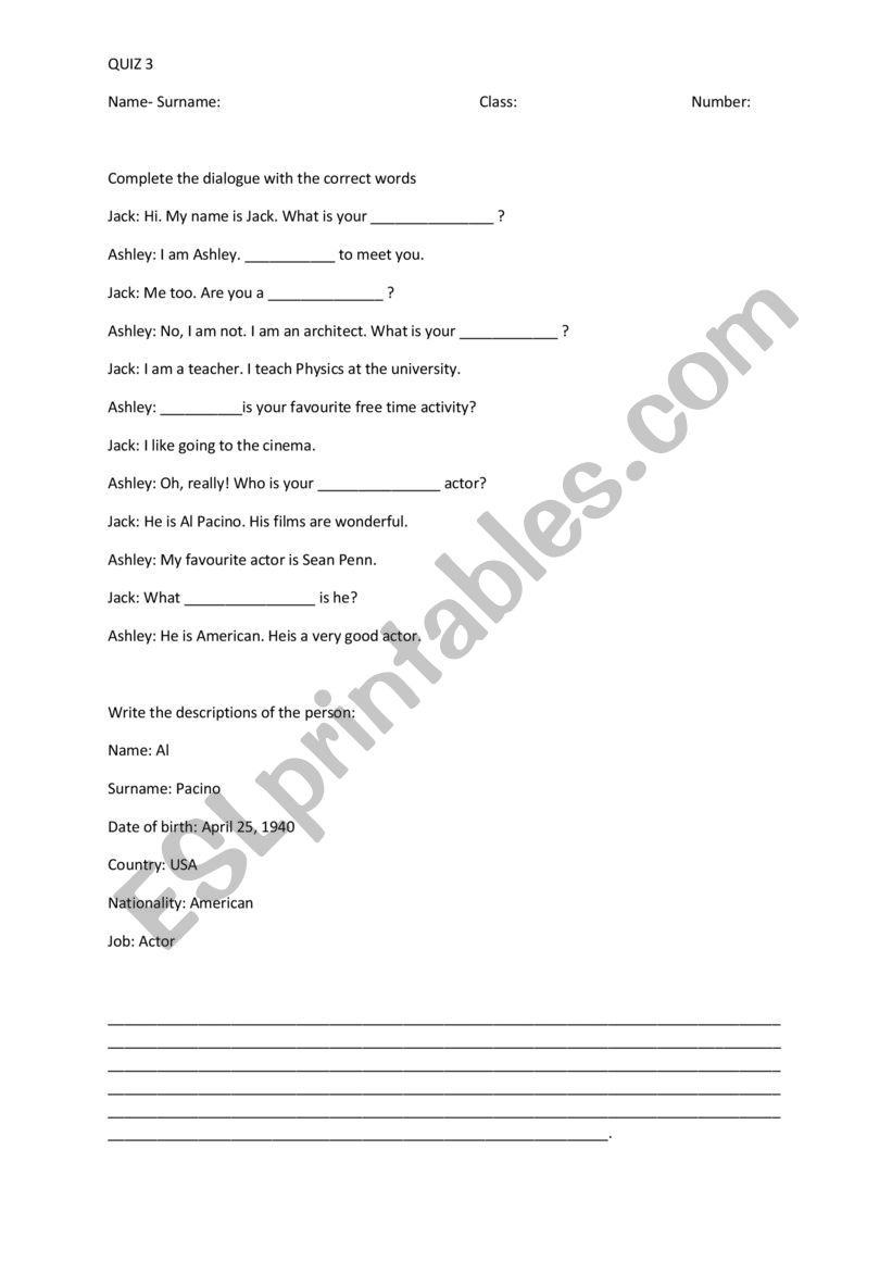 Introducing oneself worksheet