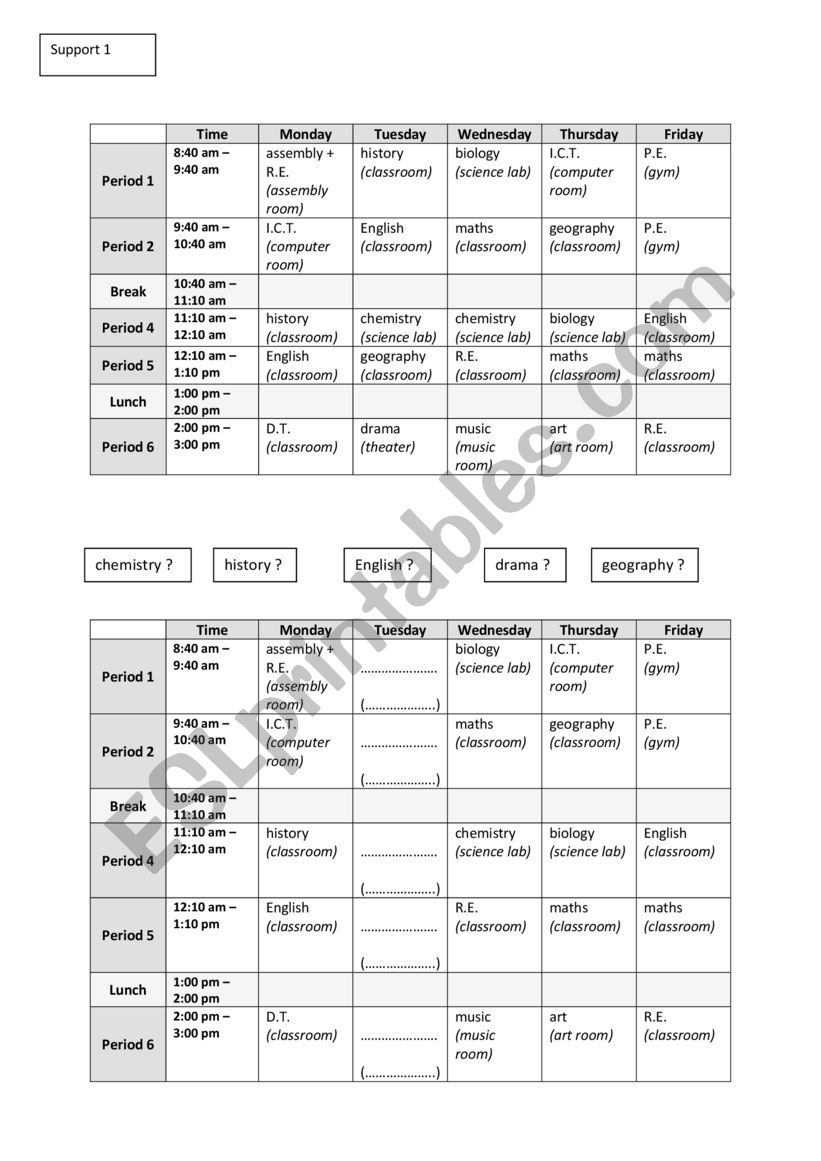 Timetable to complete - Oral interaction activity