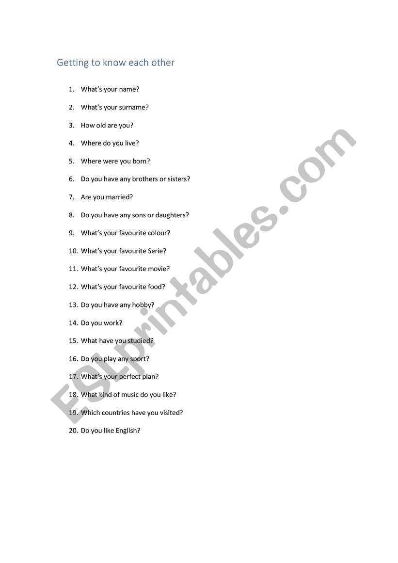 Get to know each other worksheet