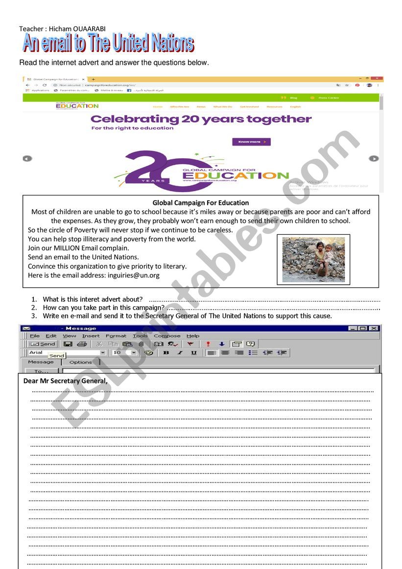 Writing an E-mail to the UN for supporting a global Campaign