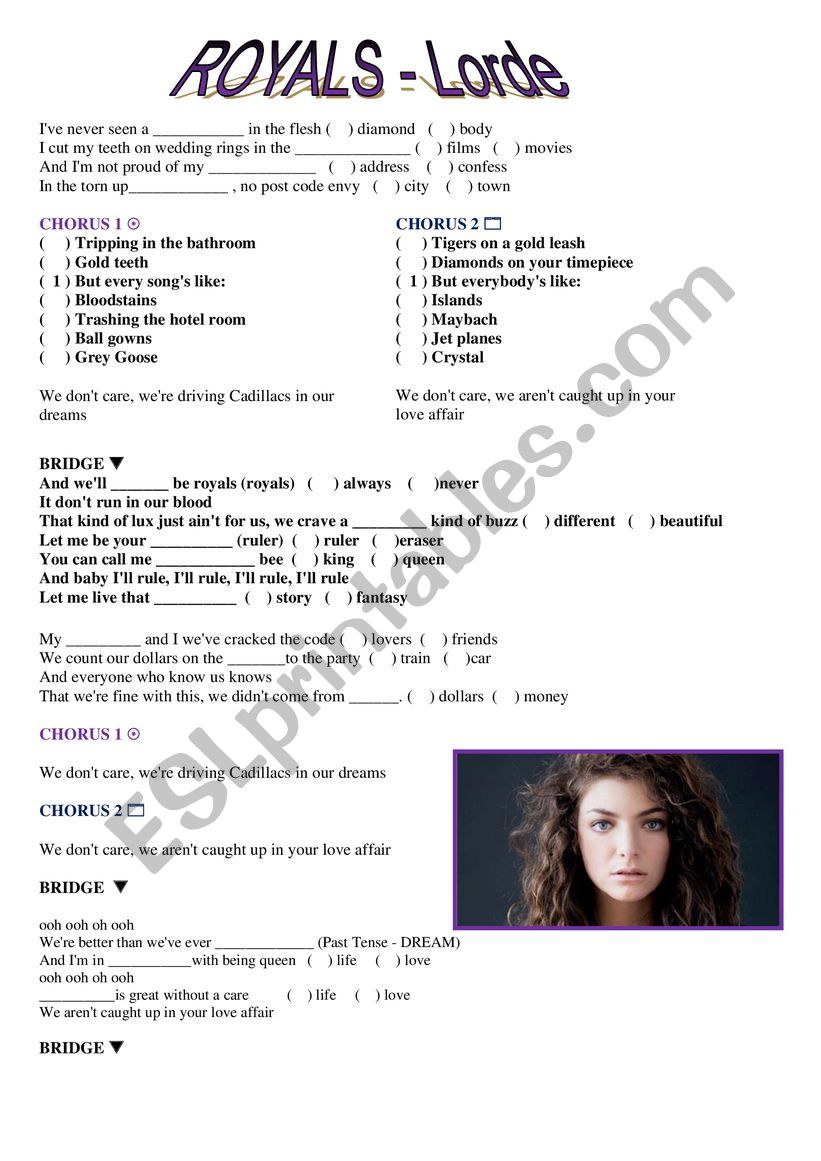 ROYALS - LORDE worksheet