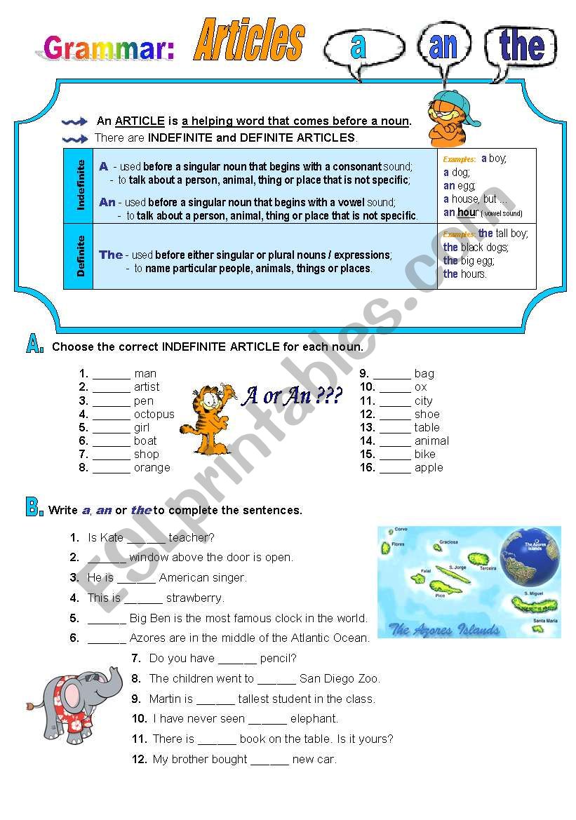 Articles worksheet