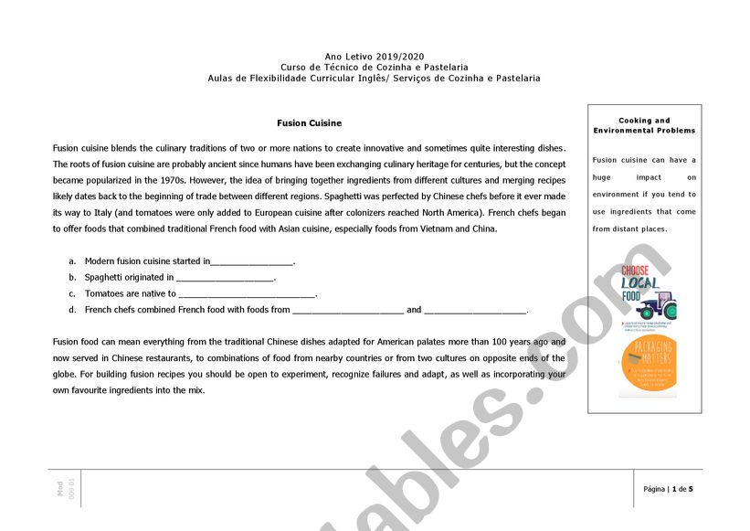 Fusion Cuisine worksheet