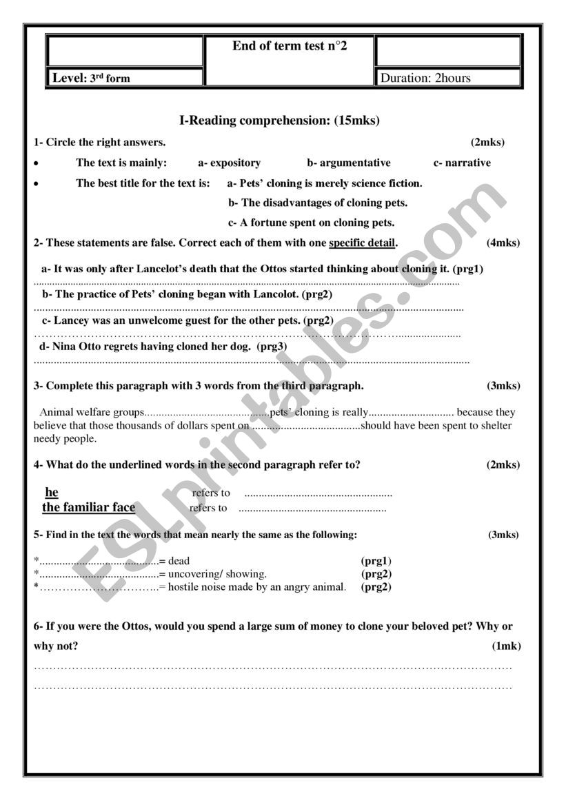 full term test 2 3rd form worksheet
