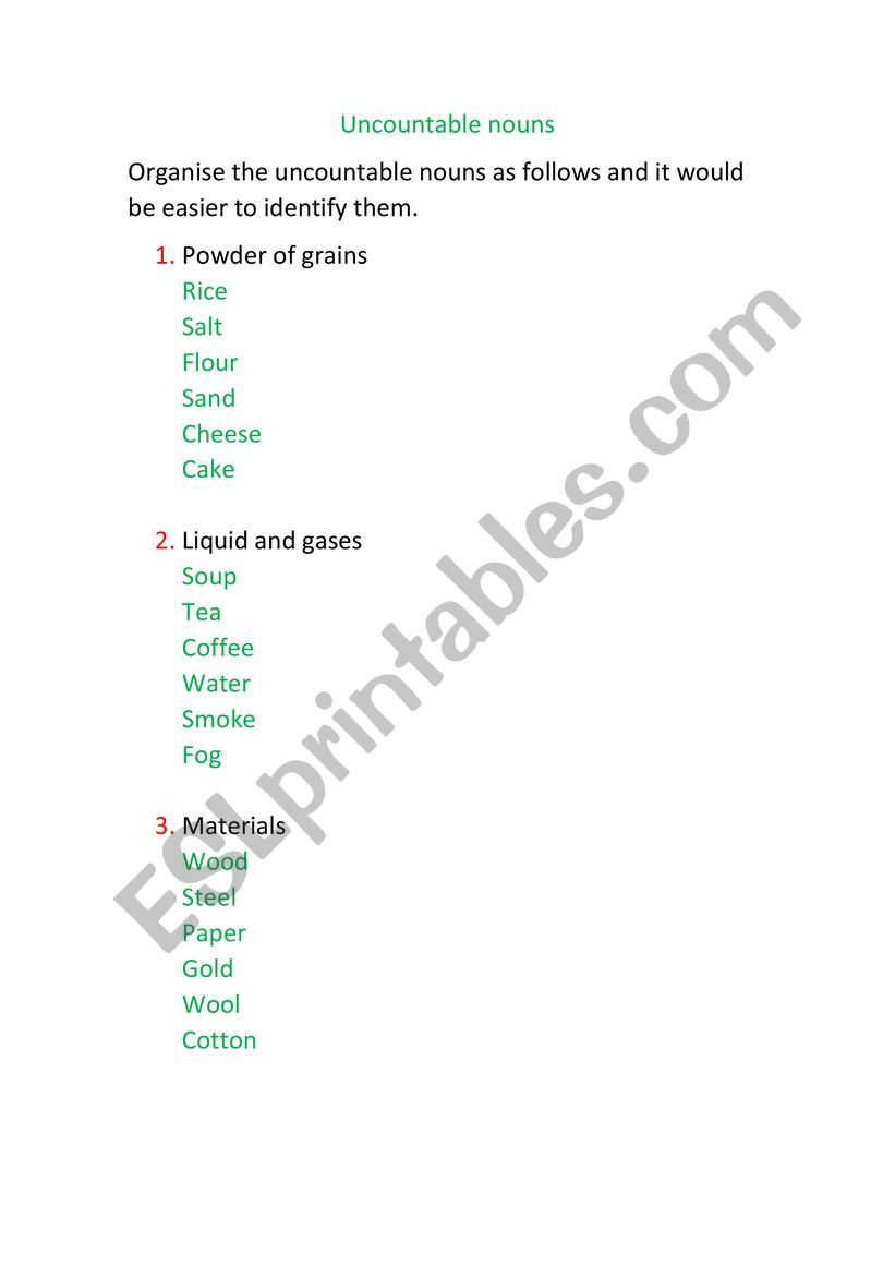 uncountable nouns list worksheet