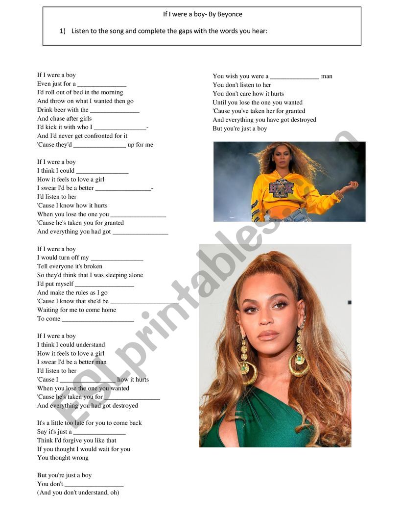 If I were a boy- By Beyoncé worksheet