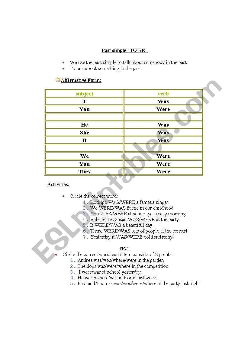 Past Simple Verb explanations worksheet