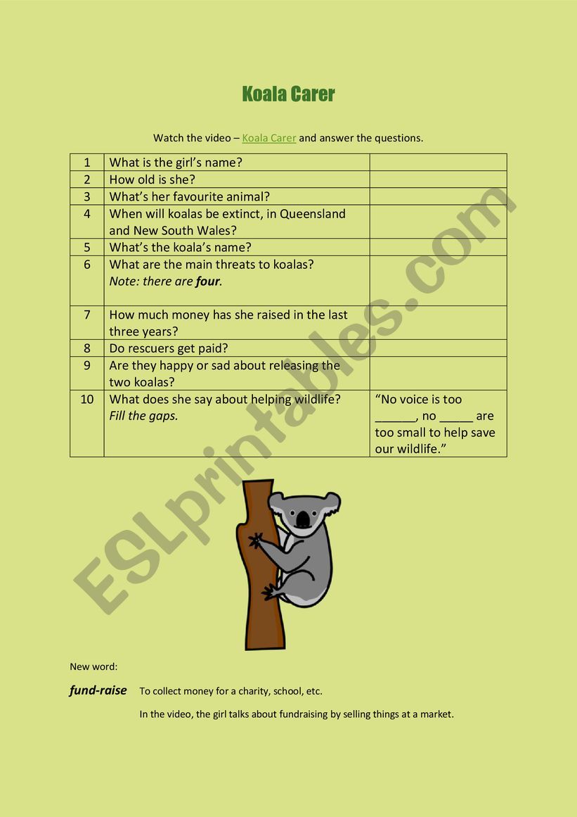 Koala Carer worksheet