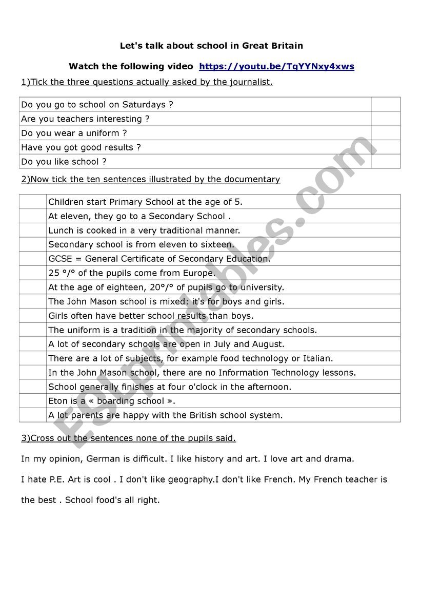 School in Great Britain worksheet