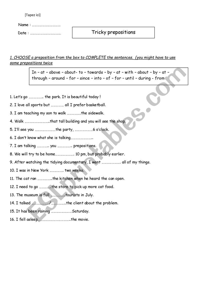 prepositions worksheet