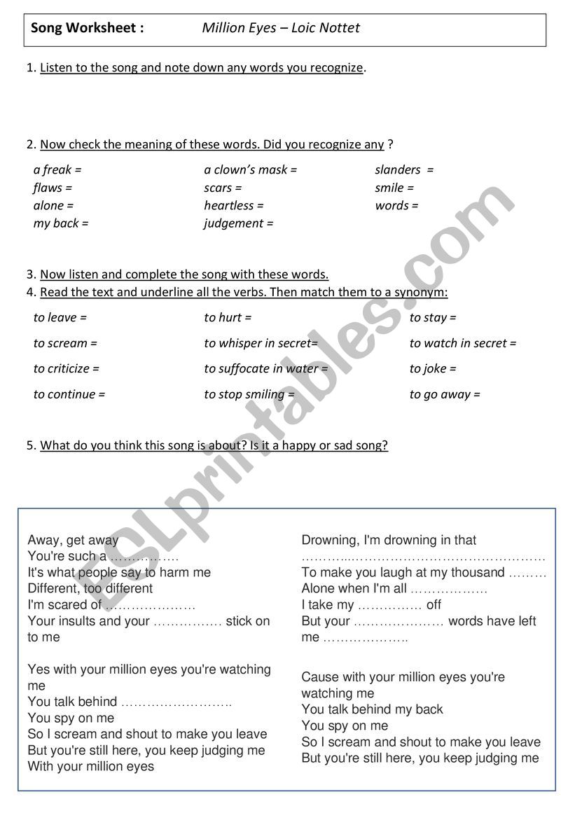 BULLYING ; Million Eyes Song Worksheet Loic Nottet