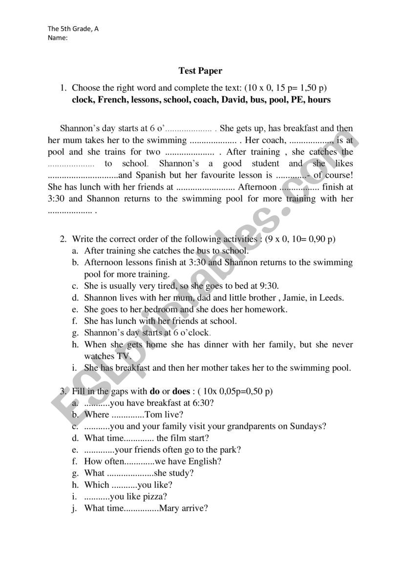 test worksheet