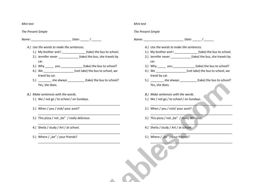 Present Simple mini test worksheet