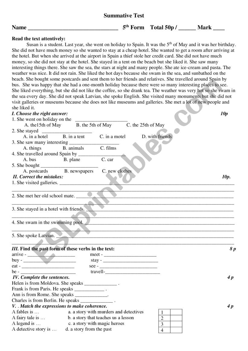 test paper 5th form worksheet