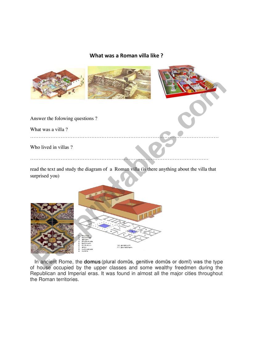 what was a roman villa like? worksheet