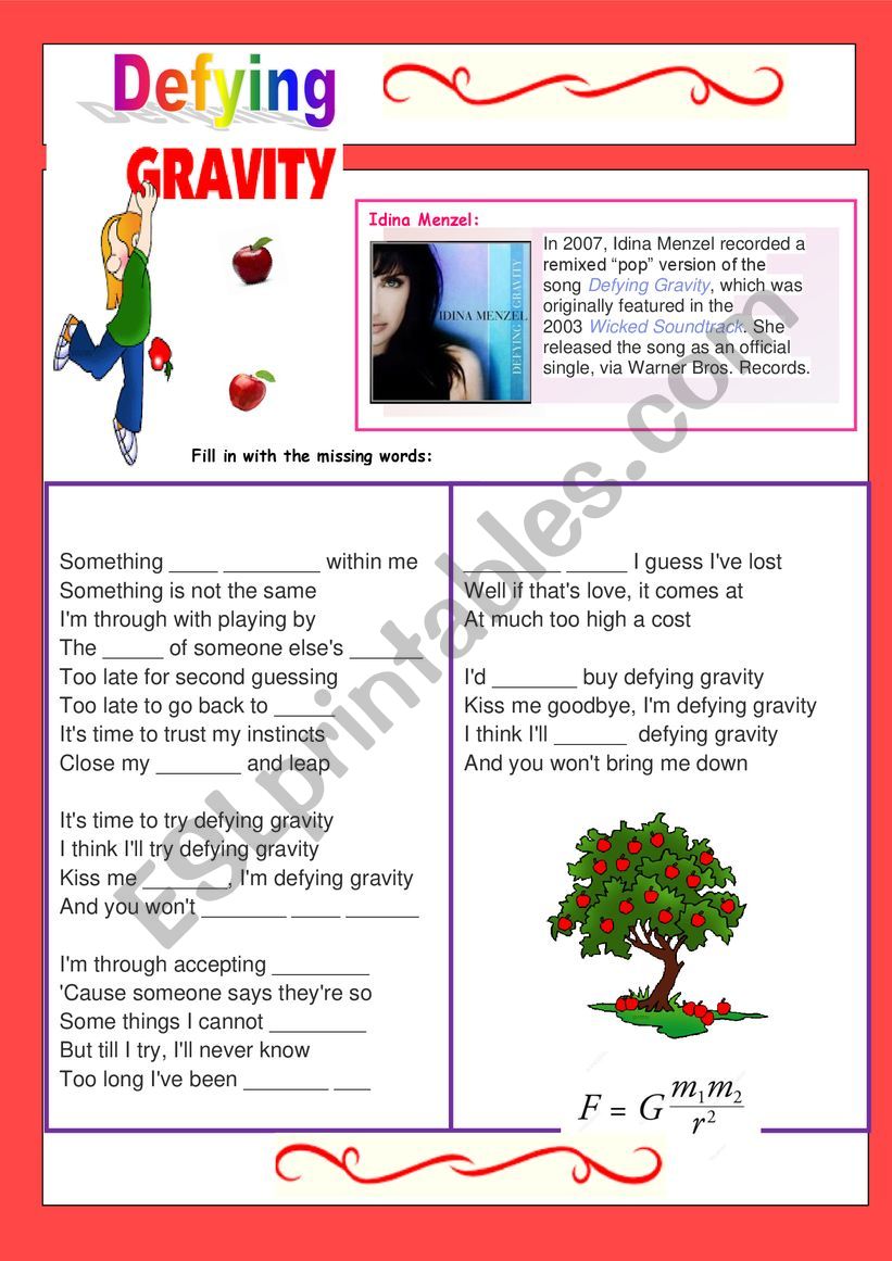 SONG: Defying Gravity worksheet