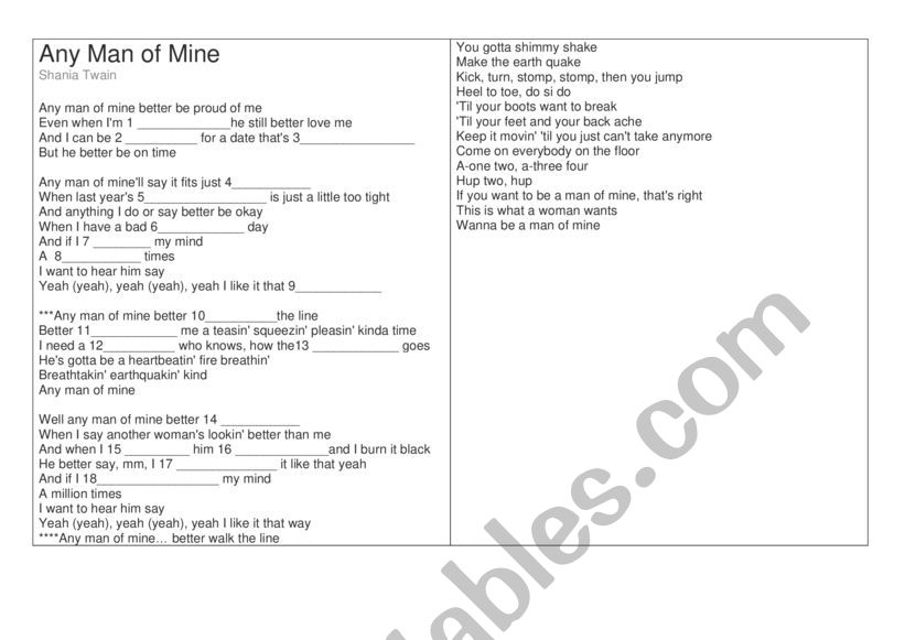 any man on mine Shania Twain worksheet