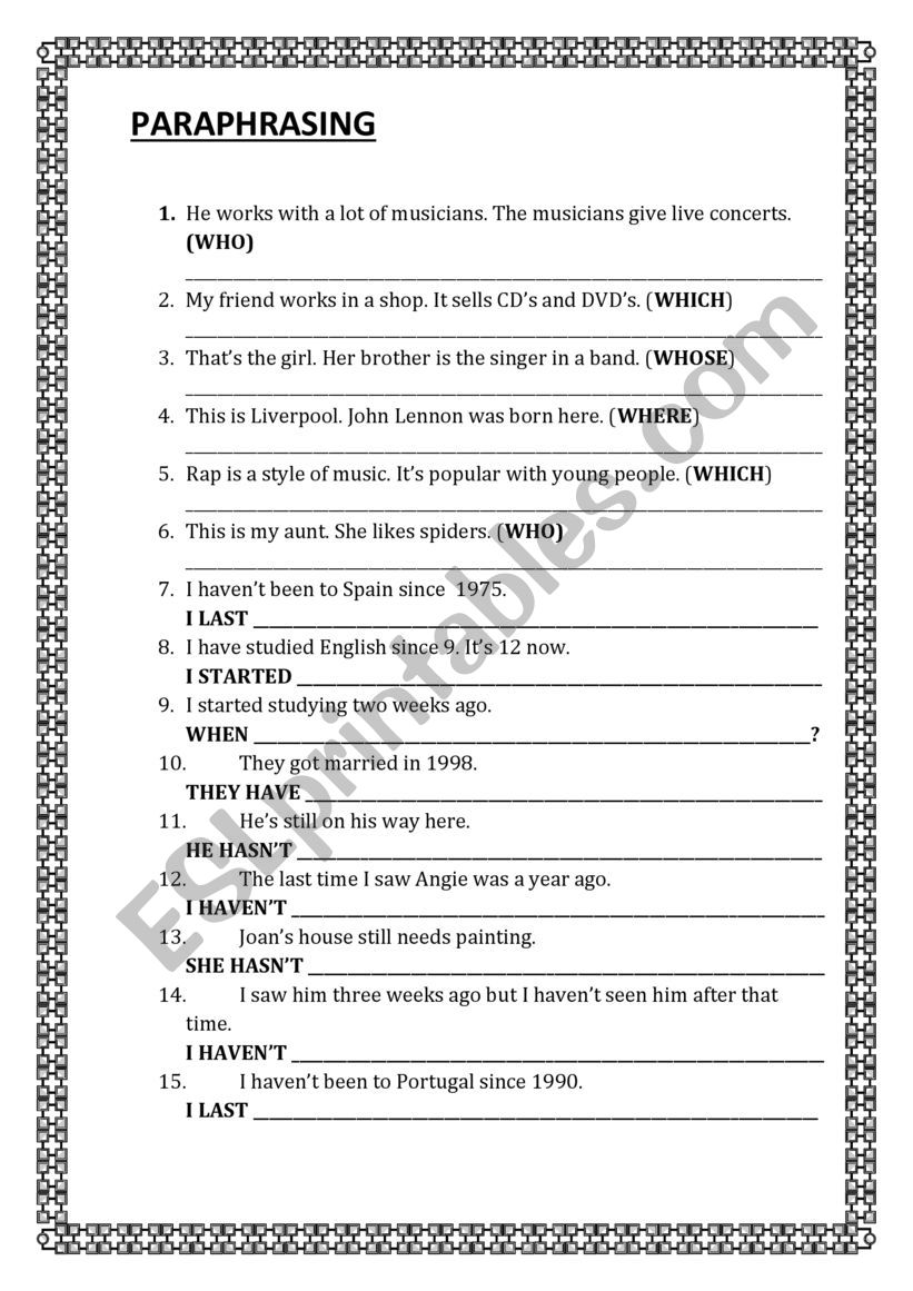 paraphrasing worksheets grade 9