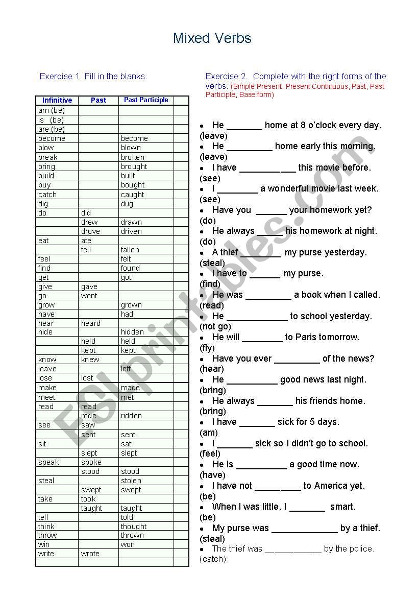 Mixed Verbs ESL Worksheet By Khcha7